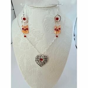 Stunning Red Crystal Heart Pendant Necklace and Earring Set Adjustable Length